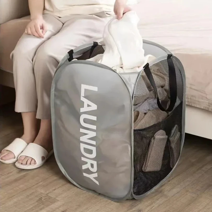 Durable Folding Simple Laundry Basket Largewashable Clothes Toy Storage Organizer Fashionmesh Breathable Bathroom Accessories 5