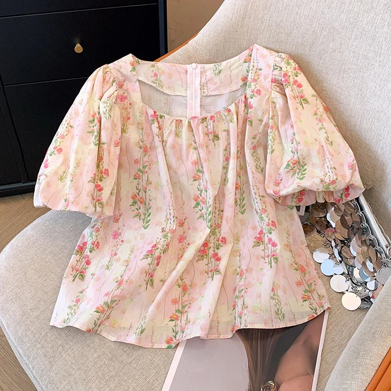 

Шифоновая женская рубашка с цветочным принтом, Летняя Повседневная Блузка с принтом, тренд 2024, Свободный корейский топ с коротким рукавом, модная женская одежда, распродажа