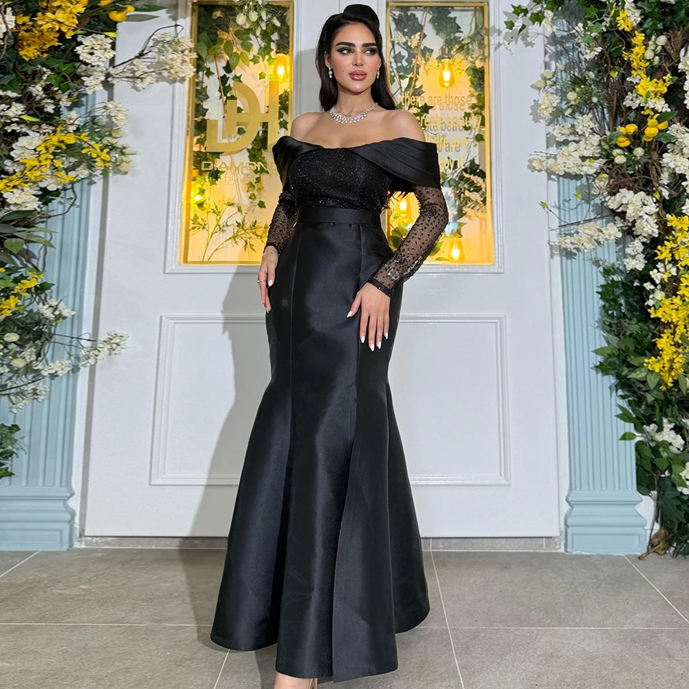 

Black Satin Off the Shoulder Evening Dress Saudi Arabia Formal Occasion Gowns Lace Long Sleeve Side Split Prom Gowns 2024