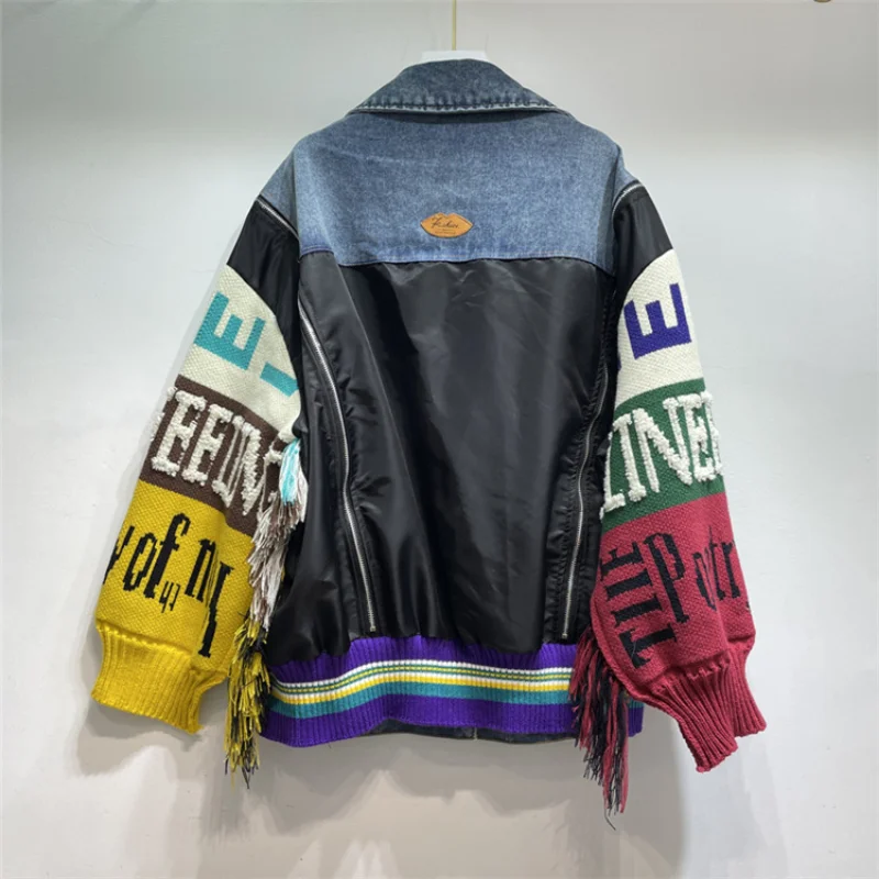 Women Letters Badges Embroidery Denim Coat Knit Spliced Sleeve Sweater Tassels Jeans Jacket Streetwear Cardigan Tops Chaquetas