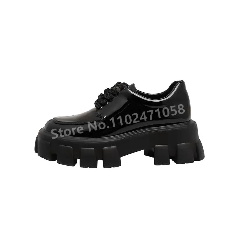 

British Style Black Chunky Bottom Height Increasing Women Loafers Round Toe Wedges Non-Slip Female Lace-Up Pumps Leisure Shoes