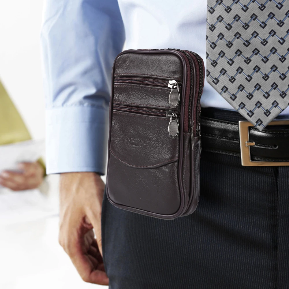 Casual Men Genuine Leather Pure Color Multi Layers Waist Wallet Retro Fanny Pack