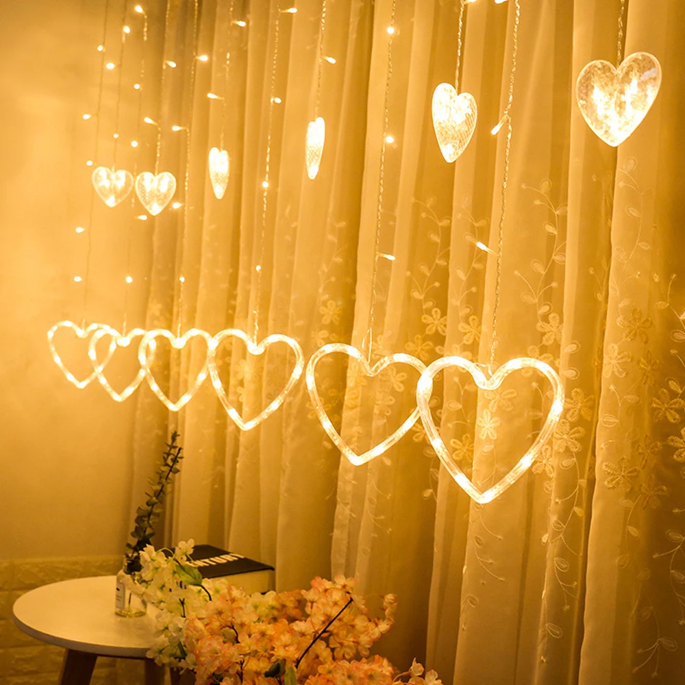 3.5M Gordijn Slinger Hartvormige Led Fee Lichtslingers 220V/110V Voor Valentijnsdag Slaapkamer Kerst Bruiloftsfeest Decoratie