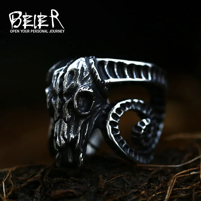 Stainless Steel Ring Finger Ring Opening Ring Beier 316L Stainless Steel Nose Viking Ancient Dish Sheep Head Skull Man Ring Vintage Opening Animal Jewelry BR8-042