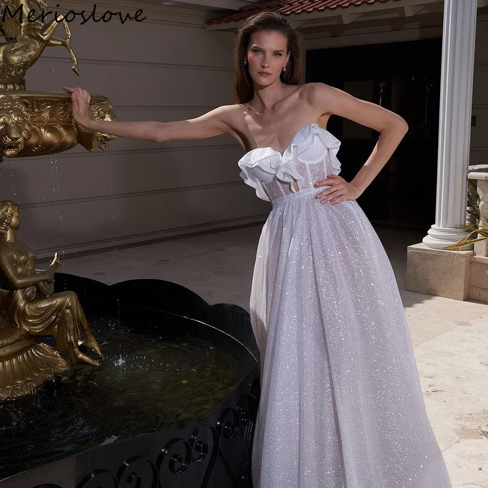 

Merioslove Glitter Wedding Dresses Sweetheart Sleeveless A-Line Bridal Gowns Beach Bride Dress שמלות כלה