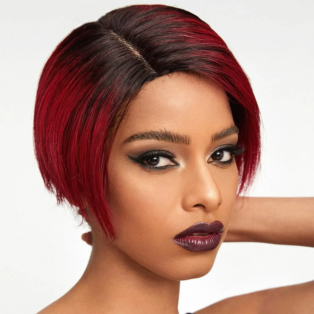 Straight Human Hair Wigs 6inch1b/99J Color 13x4x1 T Part Lace Frontal Wig Short Layered for Black Women Side Part Wigs