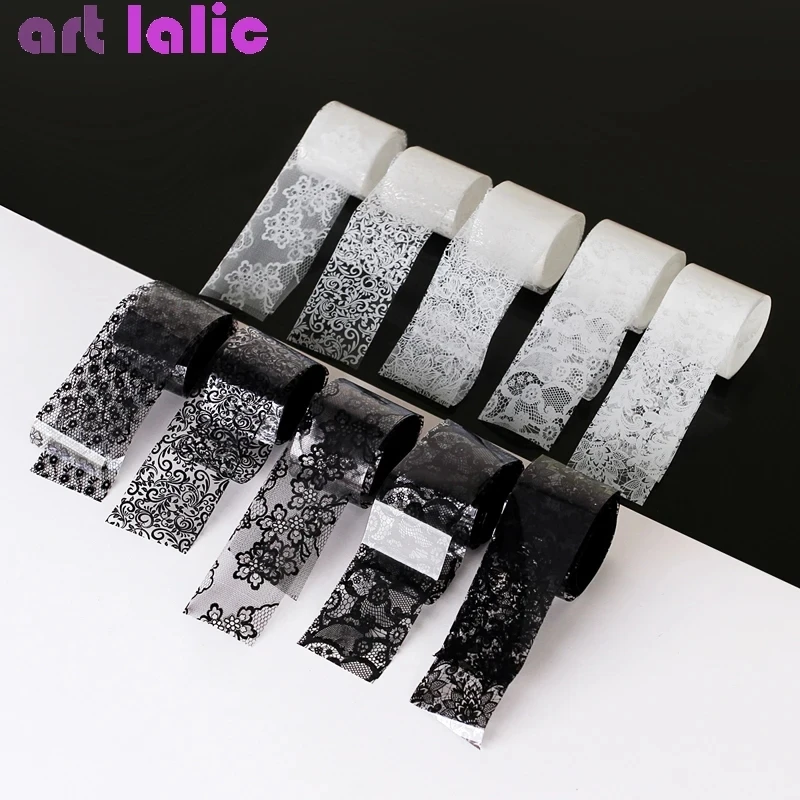 10 Rolls 2.5*60cm New Black White Lace Transfer Foil Nail Art Sexy Full Wraps Flower Glue Adhesive DIY Manicure Styling Tools