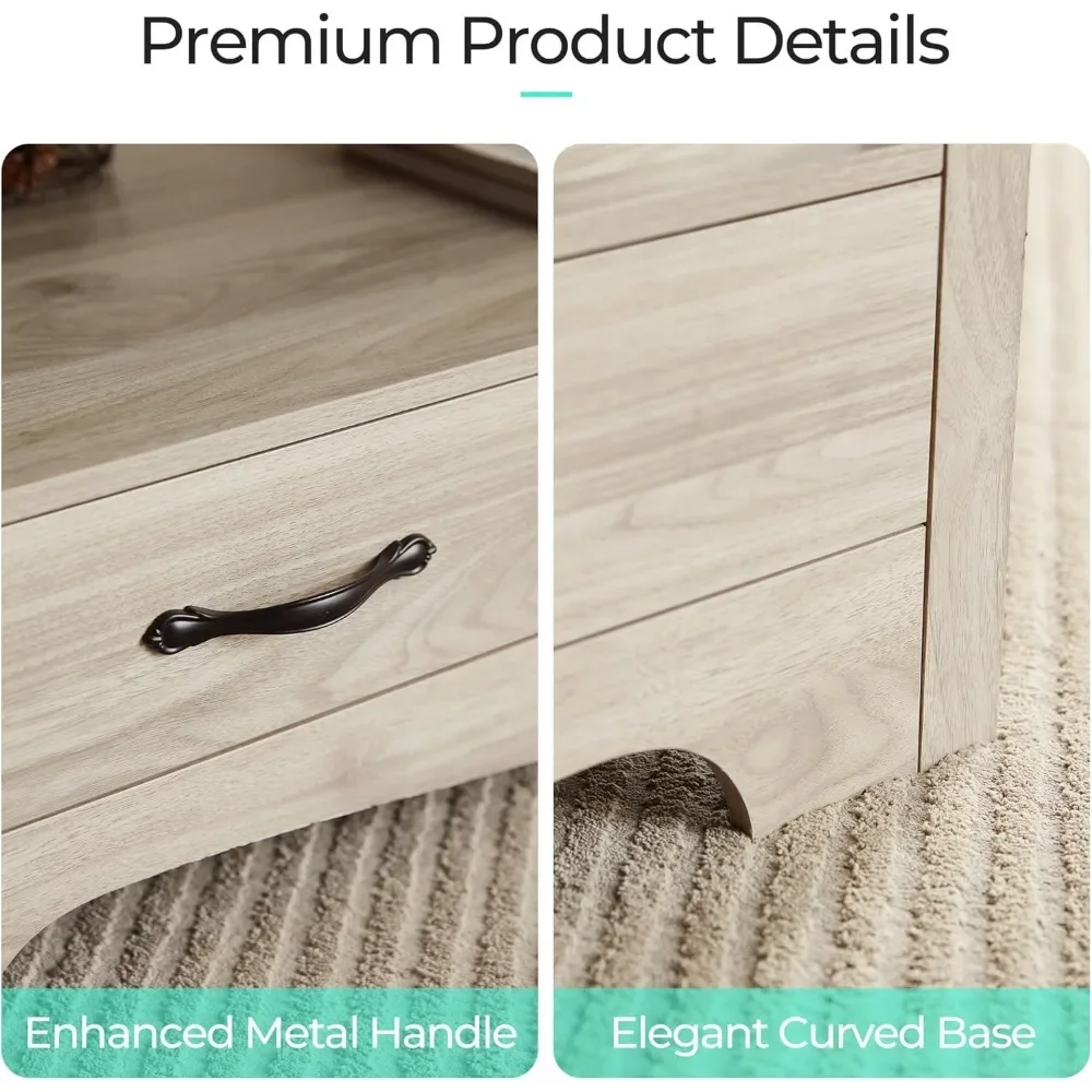 Wood Coffee Table for Living Room, Open Display Area and Storage Drawers with Metal Handles, Chic Style with Curved Base 4