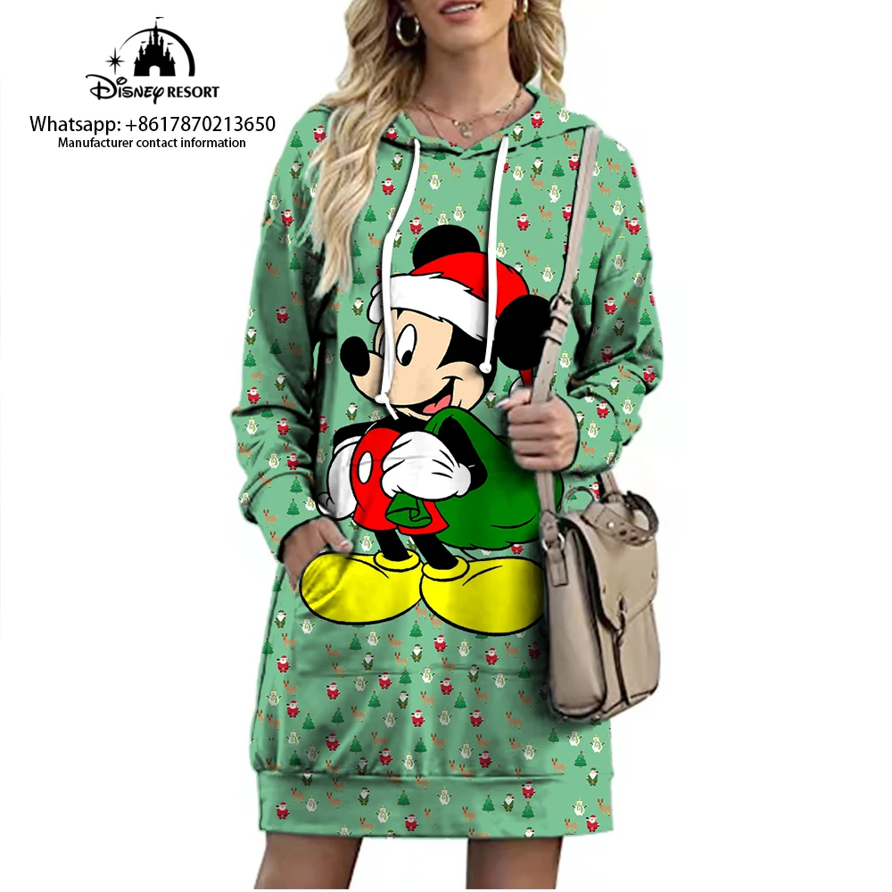 Christmas Disney Brand Mickey Minnie Cartoon Long Hoodie Autumn New Mini Sexy Dress Korean Fashion Elegant Ladies Party 2022