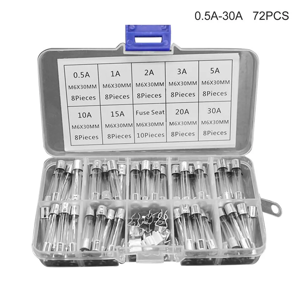 

72PCS 6x30mm Fast Blow Fuse Glass Tube Fuse Assorted Mixed Kit Insurance Tube 0.5A/1A/2A/3A/5A/10A/15A/20A/30A