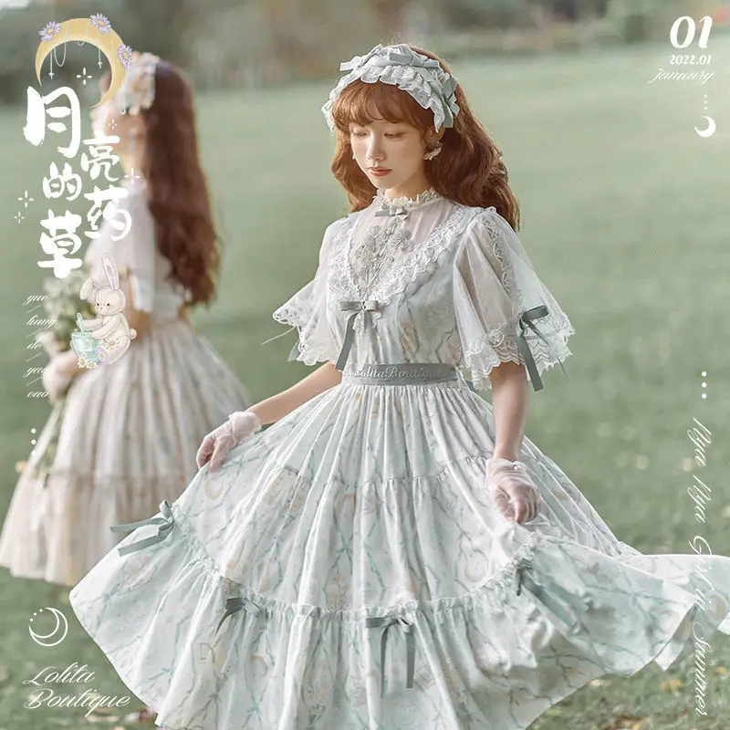

Japanese Sweet Lolita OP Dress Women Vintage Victorian Elegant Moon's Herb Princess Dresses Girly Harajuku Party Fairy Vestidos