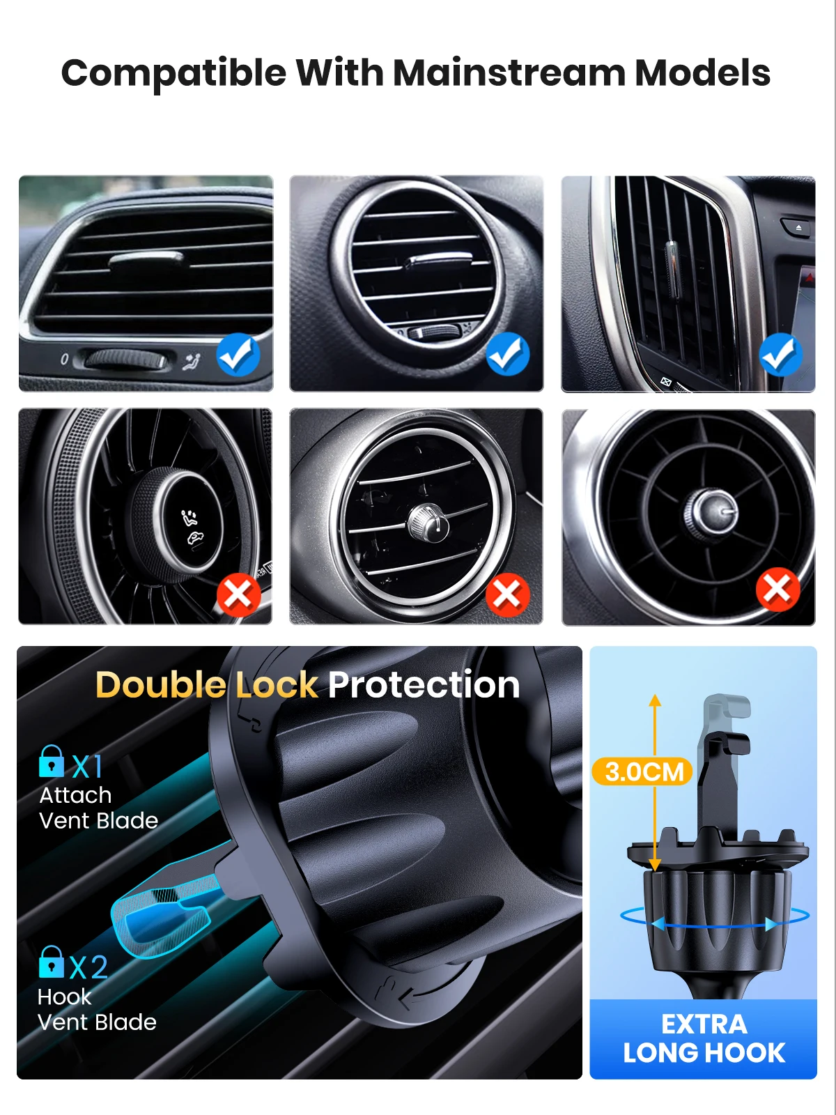 Car Phone Holders with Metal Hook Clip,Air Vent Cell Phone Car Mount,Hands Free