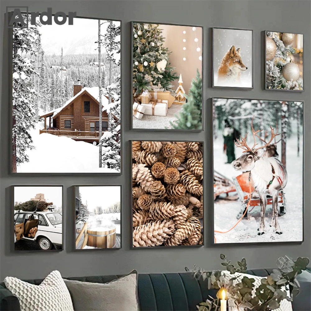 

Winter Snow Tree Pine House Poster Fox Elk Prints Canvas Painting Holiday Gifts Wall Art Christmas Posters Picture Bedroom Decor