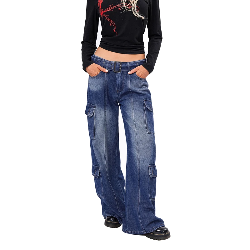 

Джинсы-карго y2k женские с заниженной талией, модные синие брюки из денима в стиле хип-хоп, с множеством карманов и поясом, в стиле 1920-х годов, уличная одежда