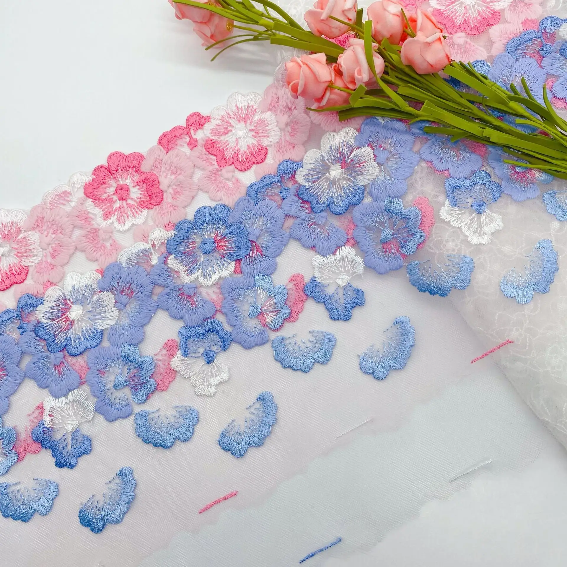 

20Yards Blue Pink Floral Embroidery Lace Trim Clothing Accessories Dress Sewing Applique Costume Lace 19cm Wide