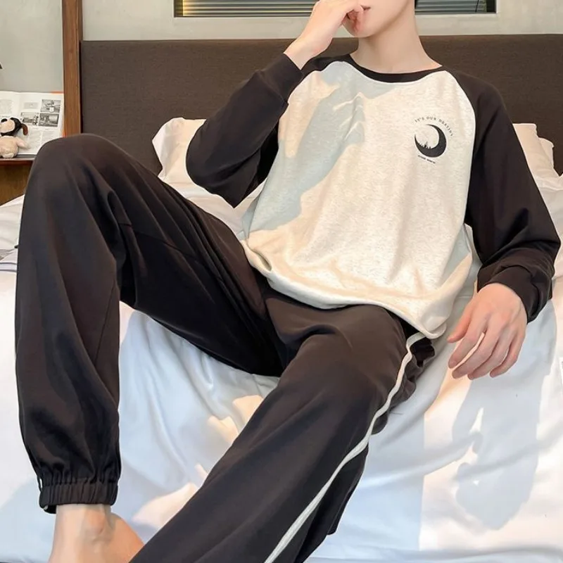 Cotton Men Pajamas Spring Simple Pyjamas Round Neck Long Sleeve Nightdress Loose Thin Home Wear Large Size Printed Sleepwear