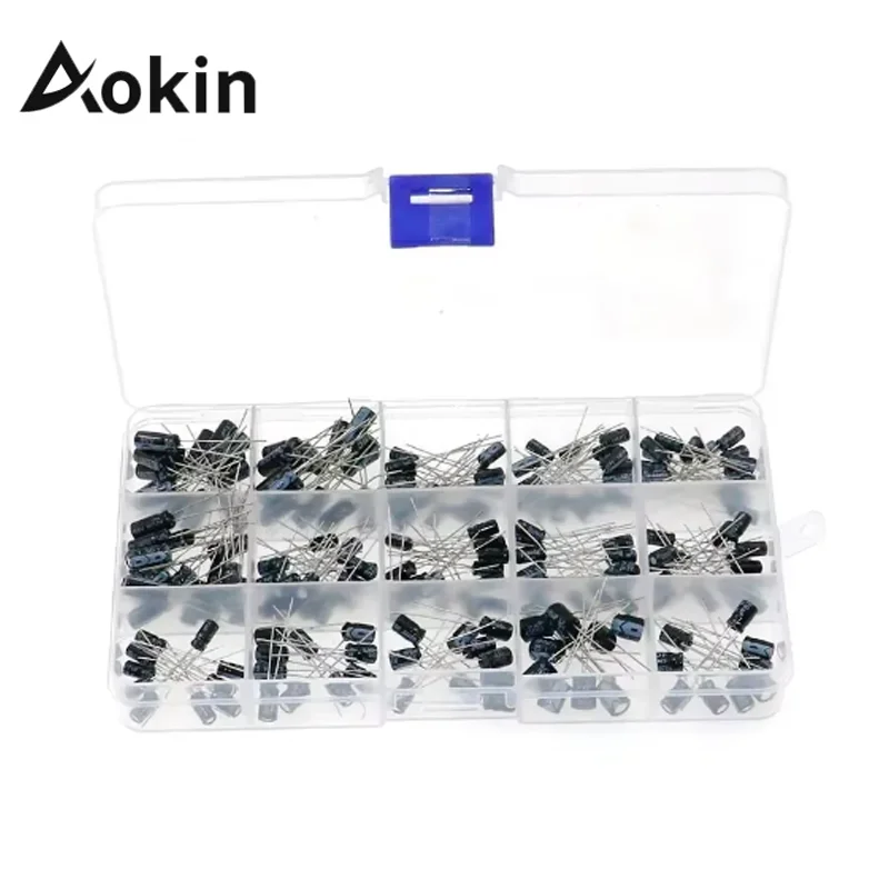 Electrolytic Capacitor Aokin 200pcs Radial capacitors set 15Values 10V 16V 25V 50V 0.1uF-220uF Assortment Kit 0.22uf 2.2uf 100uf