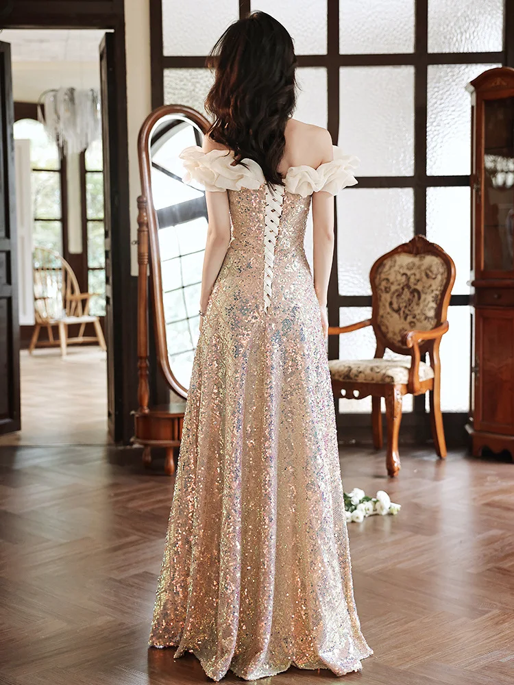 Exquisite Off Shoulder Evening Dress Champagne Gold Glitter