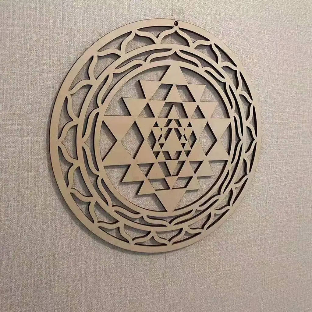 Sri Yantra Wall Decor Wood Wall Sculpture Sacred Geometry Crystal for Meditation
