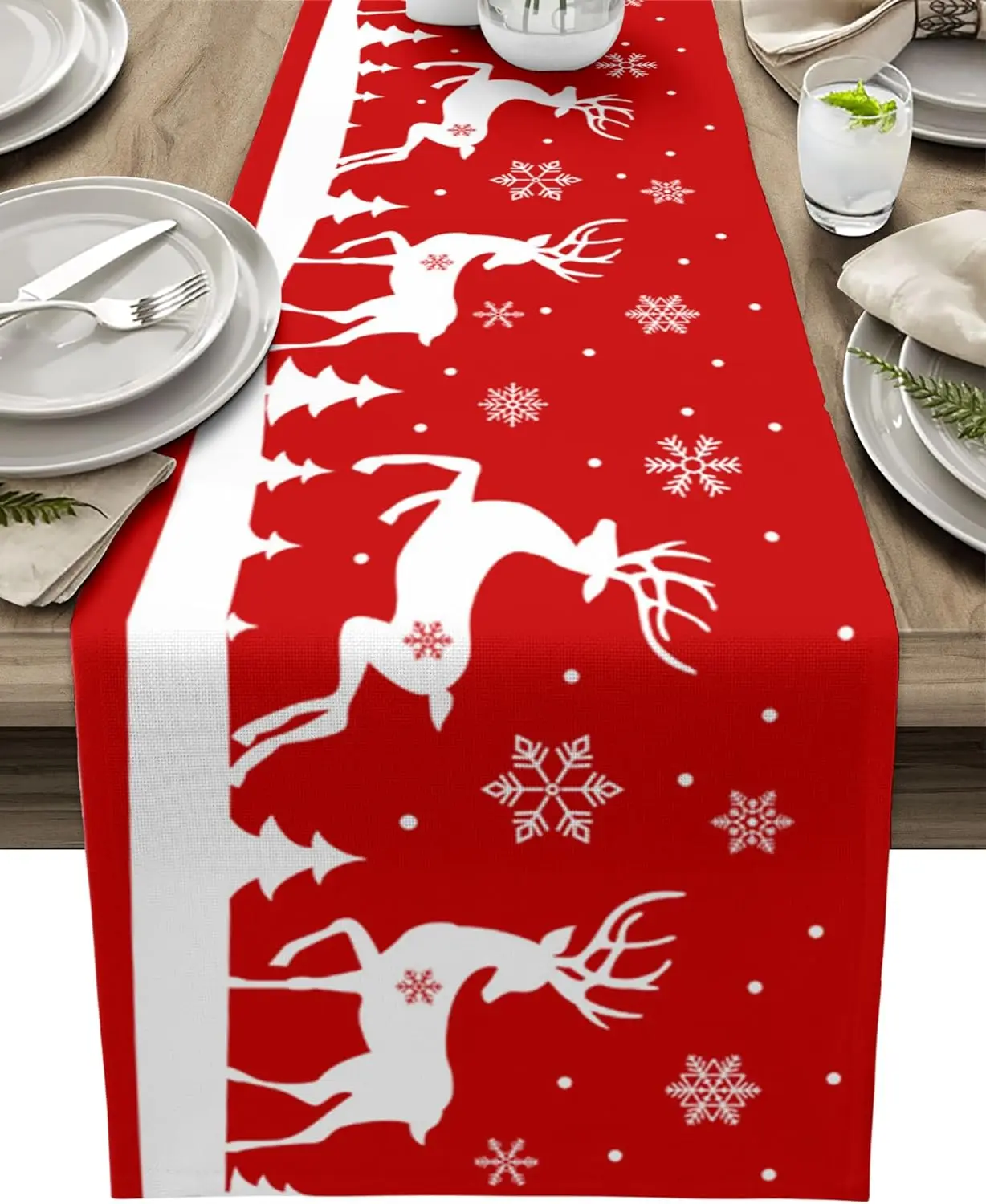 

Christmas Red Elk Snowflake Linen Table Runners Dresser Scarves Table Decor Reusable Winter Xmas Table Runner Navidad Decoration