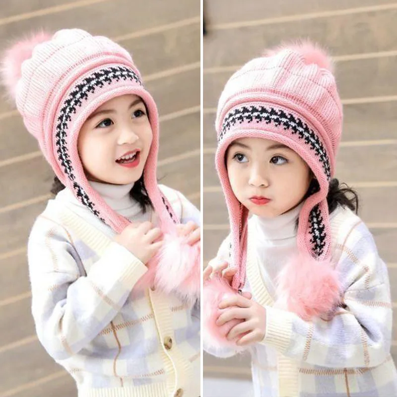 Winter Pompom Children Knitted Hat Solid Color Hairball Kids Beanie Cap Autumn Thicken Plush Warm Girl Ear Protection Bonnet 2