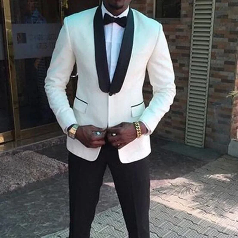White Wedding Tuxedo Suits for Men African 2 Piece Slim Fit Men Suit Male Fashion Jacket with Black Pants Business Groom Wear