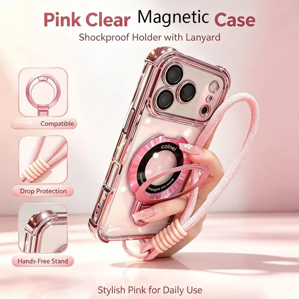 Transparent Magnetic Bracket Case with Lanyard and Shockproof Stand Cover