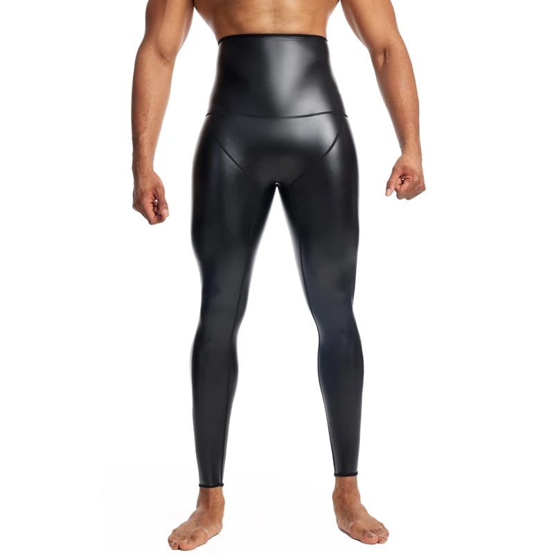 New Men Black High Waist Leather Pants Body Shaper Waist Trainer Shaper Control Panties Compression Underwear Fitness 9pts Pants