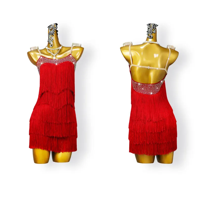 

New Red Latin Dance Competition Sexy Fringe Short Skirts Ballroom Clothes for Women Girls Custom Large Size Practice Wear Dress