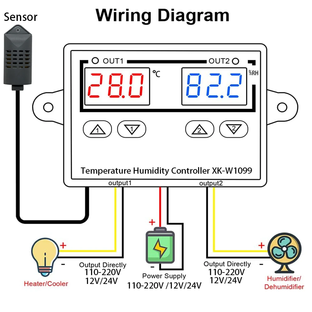 Digital temperature controller digital thermostat digital humidity controller W1099 DC 12V 24V AC 110-220V digital temperature humidity controller egg incubator thermostat regulator