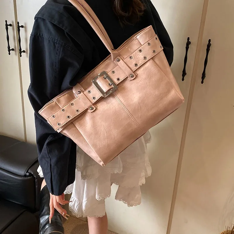 2025 New Women's Leather Biker Belt Tote Bag Large Capacity PU Shoulder Handbag Fashion Commuter Bag