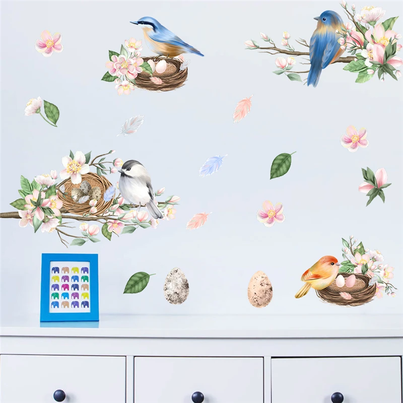 

Beautiful Birds Sakura Flower Wall Stickers For Shop Office Studio Home Decoration Animals Mural Art Kids Room Decals Pvc Poster