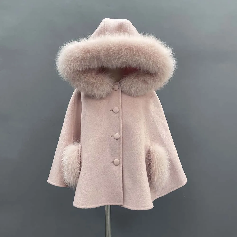 

JANEFUR Cashmere Poncho Cape with Fur collar Children Girls Cute Pink Wool Cloak Real Fox Fur Kids Winter Coat