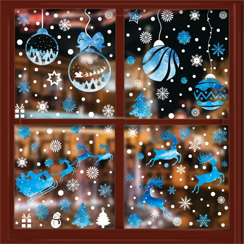 Blue Snowflake Christmas Window Stickers Santa Claus Snowman Elk Gingerbread Man Static Mirror Sticker Happy New Year 2026 Decor
