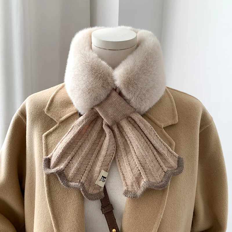 Korean Solid Color Faux Rabbit Fur Collar Cross Thicken Plush Scarf Female Winter Outdoor Wool Knit Neck Protect Warm Shawl T15