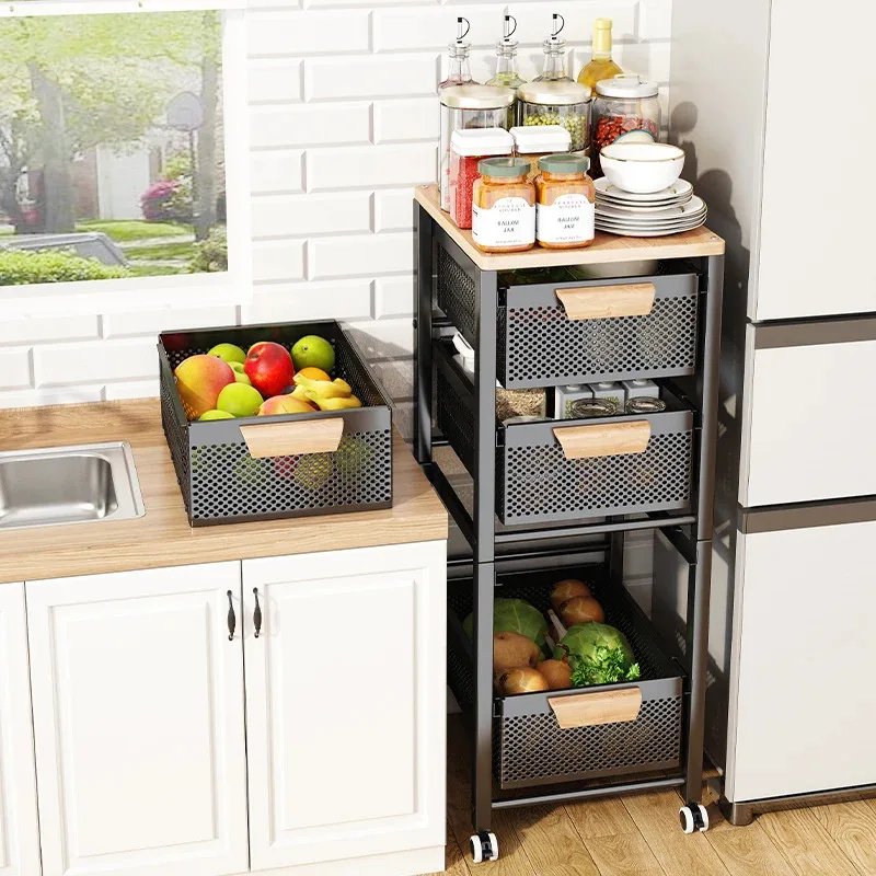 Fruits Vegetables Storage Cart Multifunctional Storage Cabinet Floor Narrow Seam Baskets Pull-out Type Kitchen Furniture