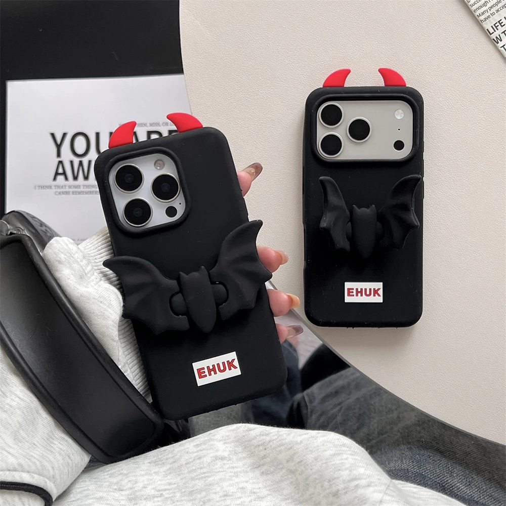 Devil Horns Bat Silicone Stand Holder Phone Case – Soft, Shockproof & Fun Back Cover