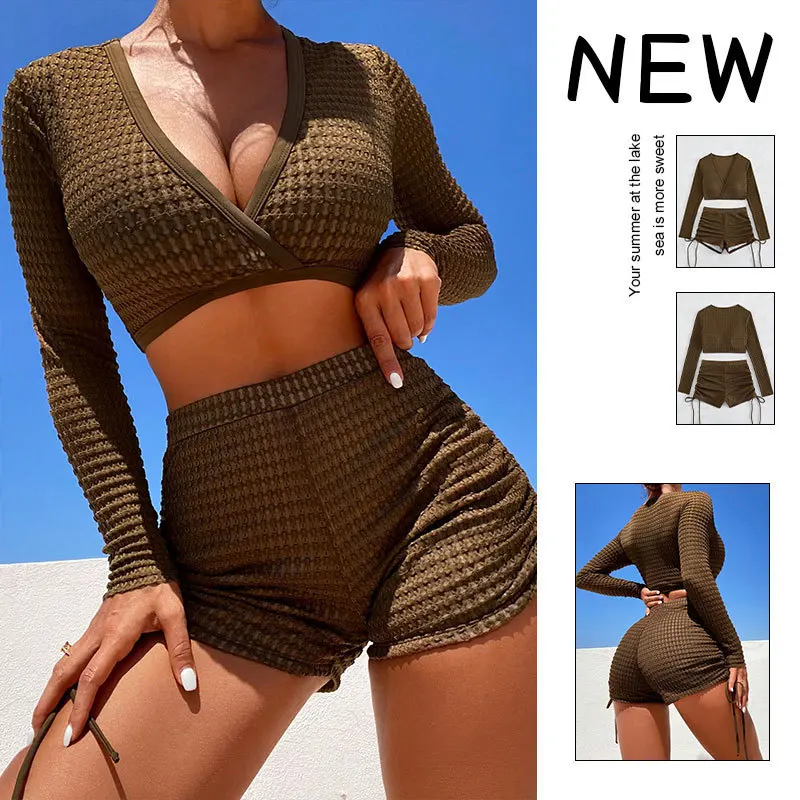 

2023 Summer Bathing Suit Sport Swimwear Sexy Long Sleeve Bikini Set Women Solid Borwn V Neck Push Up High Wait Panties Swimsuit