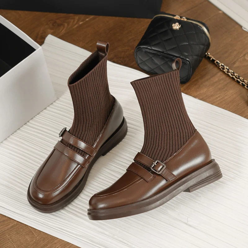 

Лучшие дышащие женские ботинки, Осень-зима, британские эластичные ботинки-носки, повседневные короткие ботинки из мягкой кожи, универсальные модные тонкие ботинки