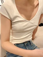 T-Shirt Vintage en Coton pour Femme, Streetwear à Col en V, Doux et Mignon, Style Y2K, Haut Simple, Été 2025 1