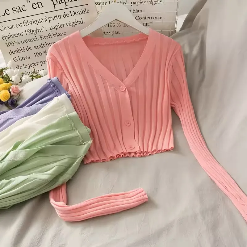Women's Acrylic Long Sleeve V-Neck Button-Down Slim Cropped Ribbed Knit Cardigan Thin Solid Stretch Crop Top Knitwear