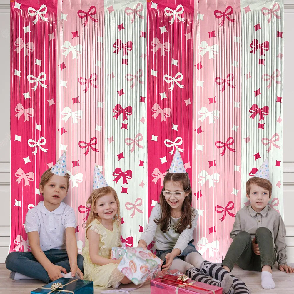 Tende a Frange in Lamina Rosa con Fiocchi, Sfondo per Foto Booth per Feste di Compleanno, Baby Shower, Matrimoni, Decorazioni per Feste di Ragazze - immagine 4