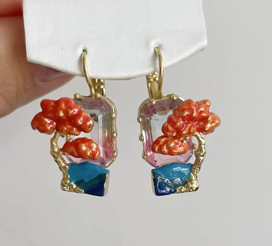 

European and American enamel glaze red maple leaf colored glass earrings stud ear hook ear clip