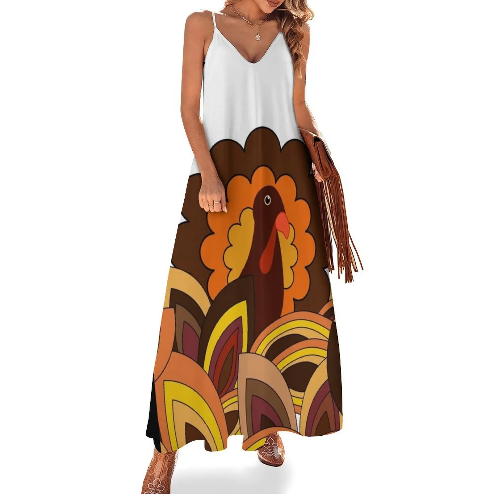 

Retro Thanksgiving Turkey on White Sleeveless Dress beach outfits for women dress party night