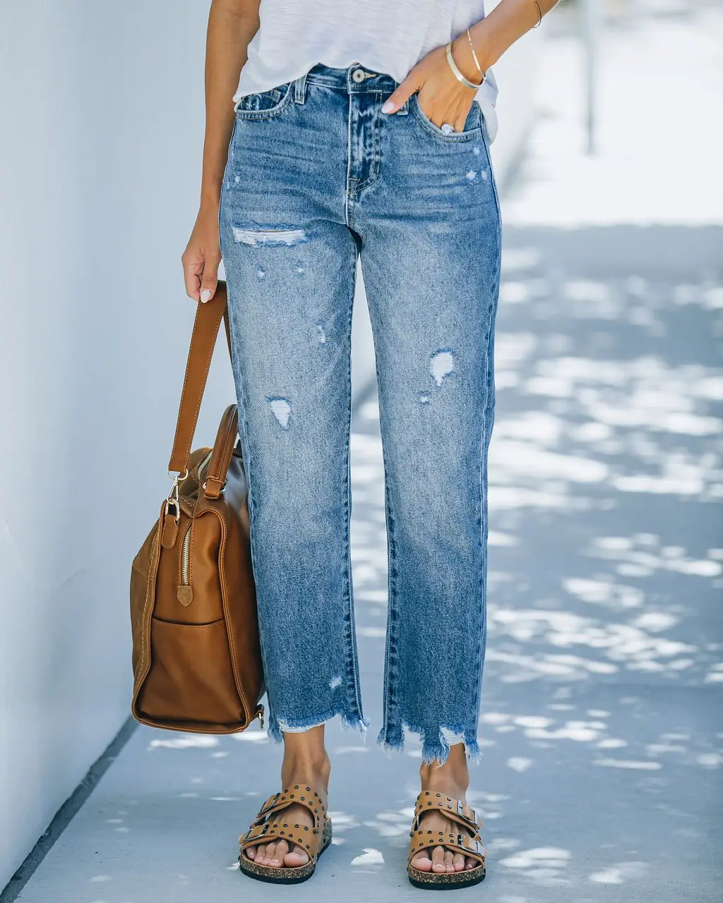 

Straight Denim Women's 2023 Summer Distressed Light Blue Casual Fashion Cropped High Waisted Denim Pants