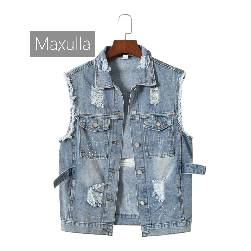 

Maxulla Spring Summer Women's Denim Vest Outdoor Casual Cotton Ripped Top Jacket Fashion Slim Motorcycle Wear Women's Clothing