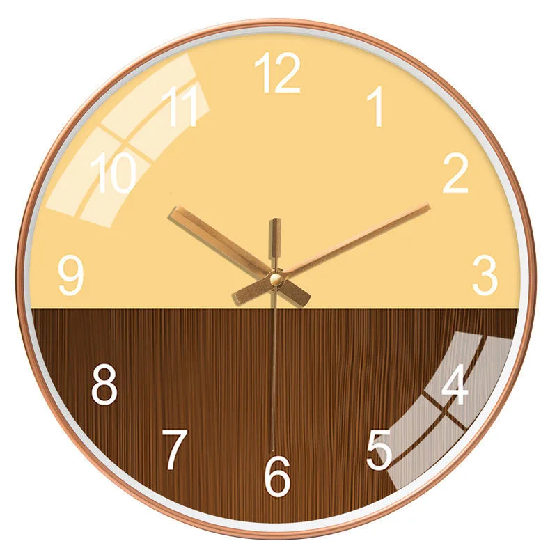 Wood Grain Simple Black Punch-free Wall Clock Golden Mute Cartoon Glass Clock Color:059J;Sheet Size:14 inch (35cm)