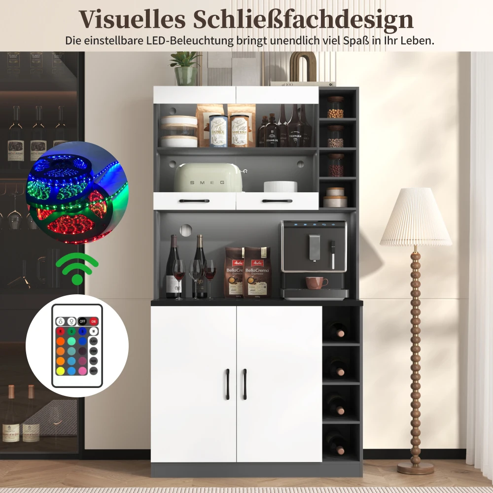 Küchenschrank, Buffet mit LED-Umgebungsbeleuchtung und Kabellöchern, Küchen-Highboard, höhenverstellbare seitliche Aufbewahrungsfächer – Detail 17