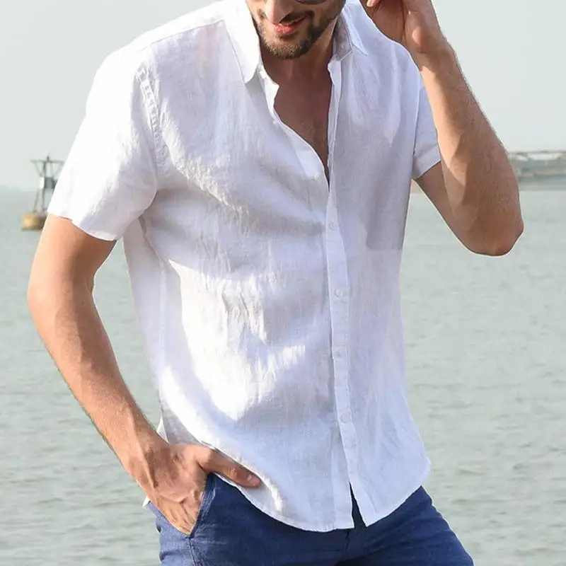 Summer Cotton Linen Shirts For Men Casual Short Sleeved Shirts Blouses Solid Turn-Down Collar Formal Beach Shirts Male Clothing 4