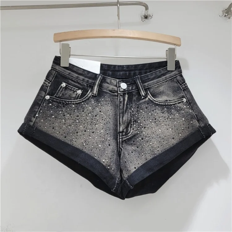 Retro Rhinestone Denim Shorts Women 2024 Summer Fashion New A- Line Wide Leg Short Pants Ultra Short Booty Shorts for Hot Girls